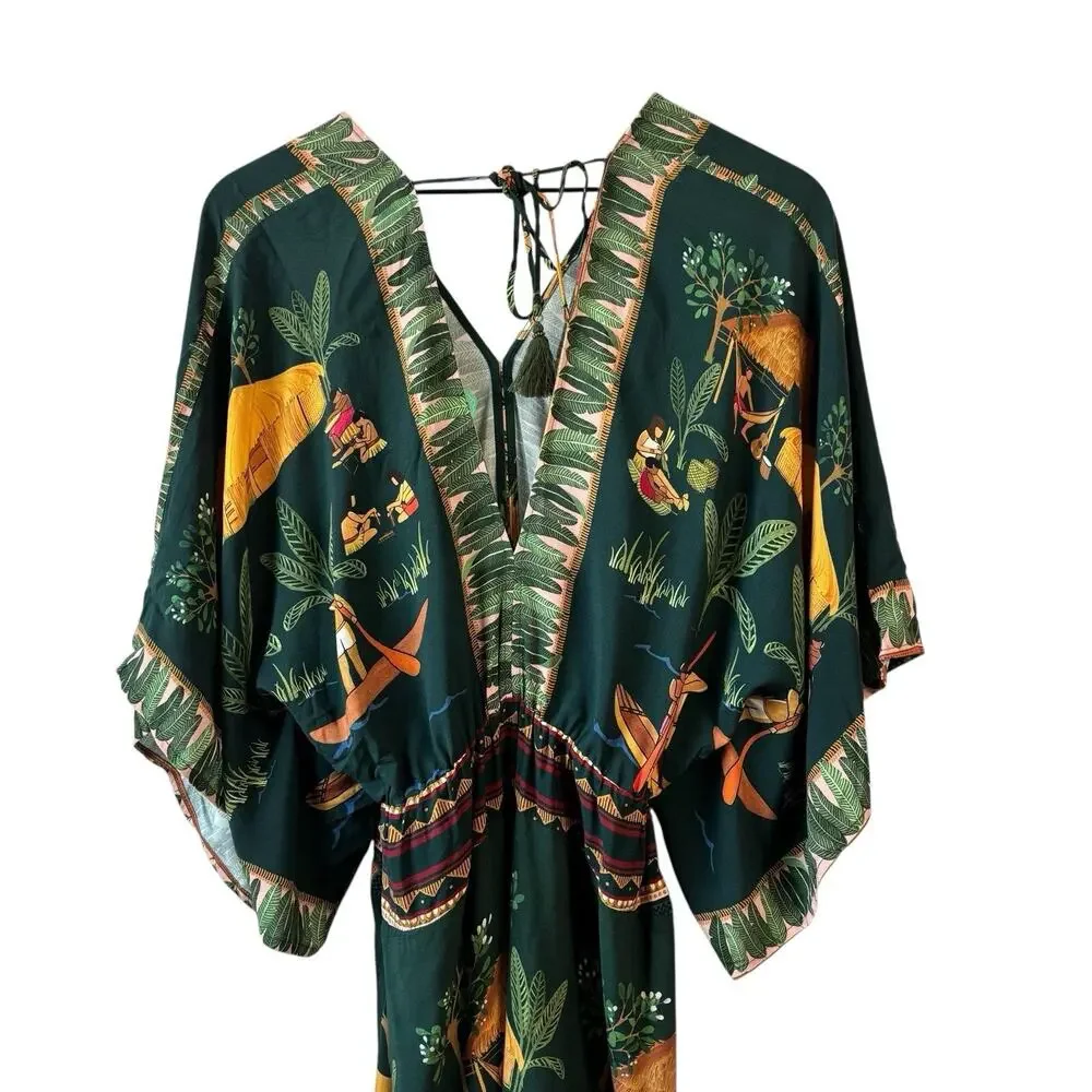 Farm‎ Rio Womens Dress Green Medium Yawanawa Indigenous Hut Print Rare Viscose - Picture 12 of 15